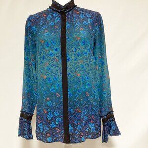 Marchesa Voyage Degrade Blue 100% Silk Ruffle Blouse Size 2